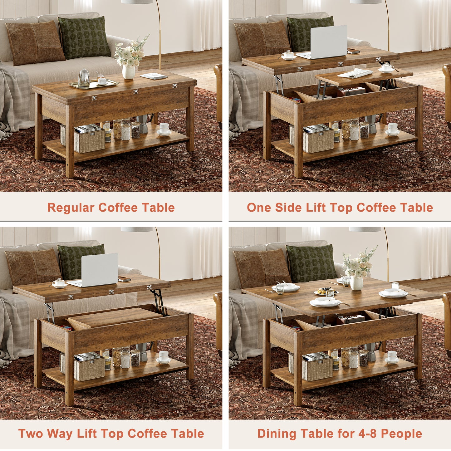 WOWLIVE Lift Top Coffee Table,  4-in-1 Multi-Function and Large Coffee Table with Storage