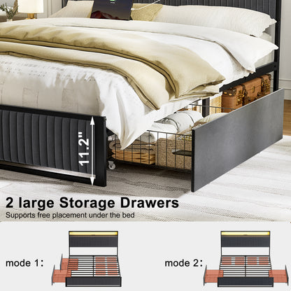 WOWLIVE Upholstered Bed with 2 Storage Drawers,  Modern Bed Frame with Charging Station & LED Light,  No Spring Box Needed