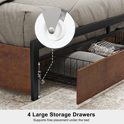 WOWLIVE Bed Frame with 4 Drawers,  Modern bed with LED Light and Charging Station,  Storage Headboard,  No Spring Box Needed