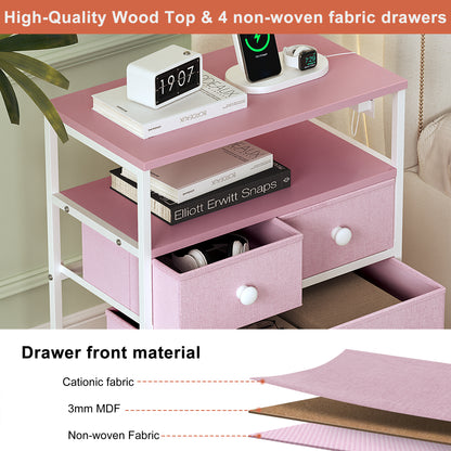 WOWLIVE Nightstand with 4 Drawers & Outlet, Bedside Table with LED Lights & 2-Tier wooden Shelf