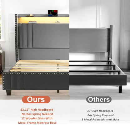 WOWLIVE Upholstered Wingback Bed with 52.12" High Storage Headboard,  Modern Upholstered Bed Frame with Outlet & LED Light