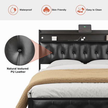 WOWLIVE Bed Frame with Storage Headboard,  Metal Platform Bed Frame,  Storage Bed with Charging Station and LED Light