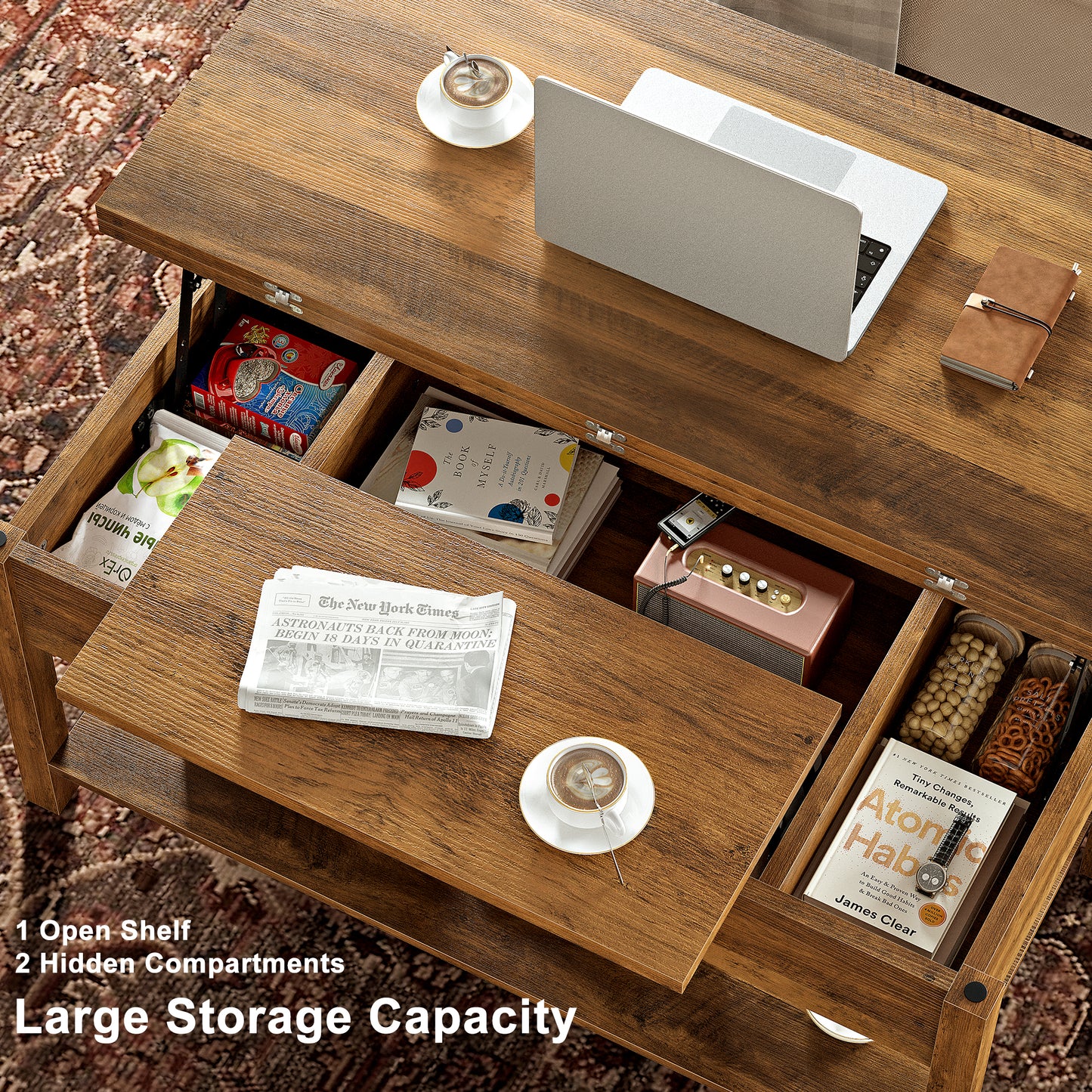 WOWLIVE Lift Top Coffee Table,  4-in-1 Multi-Function and Large Coffee Table with Storage