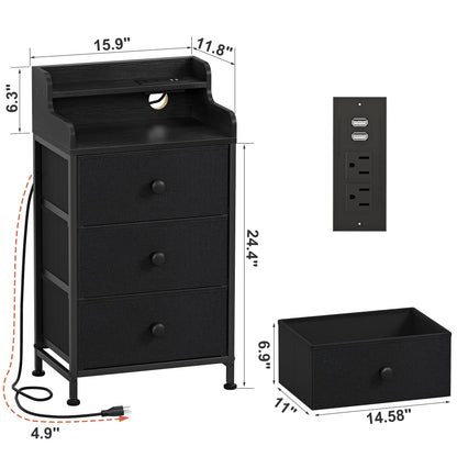 WOWLIVE Nightstand With 3 Drawers & 2-Tier Open Shelf, Bedside Table With LED& 2 USB Ports, Stable Metal Frame