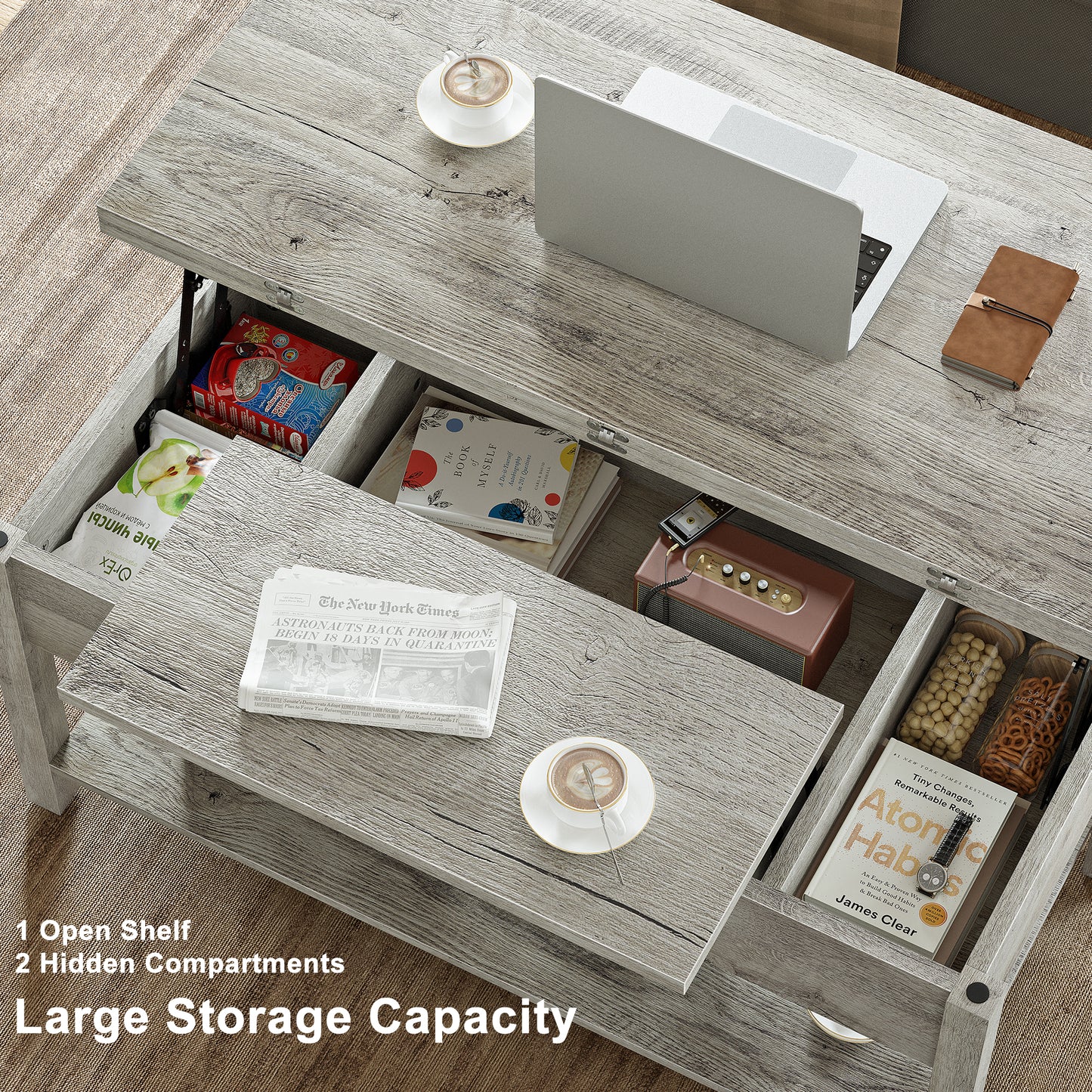 WOWLIVE Lift Top Coffee Table,  4-in-1 Multi-Function and Large Coffee Table with Storage