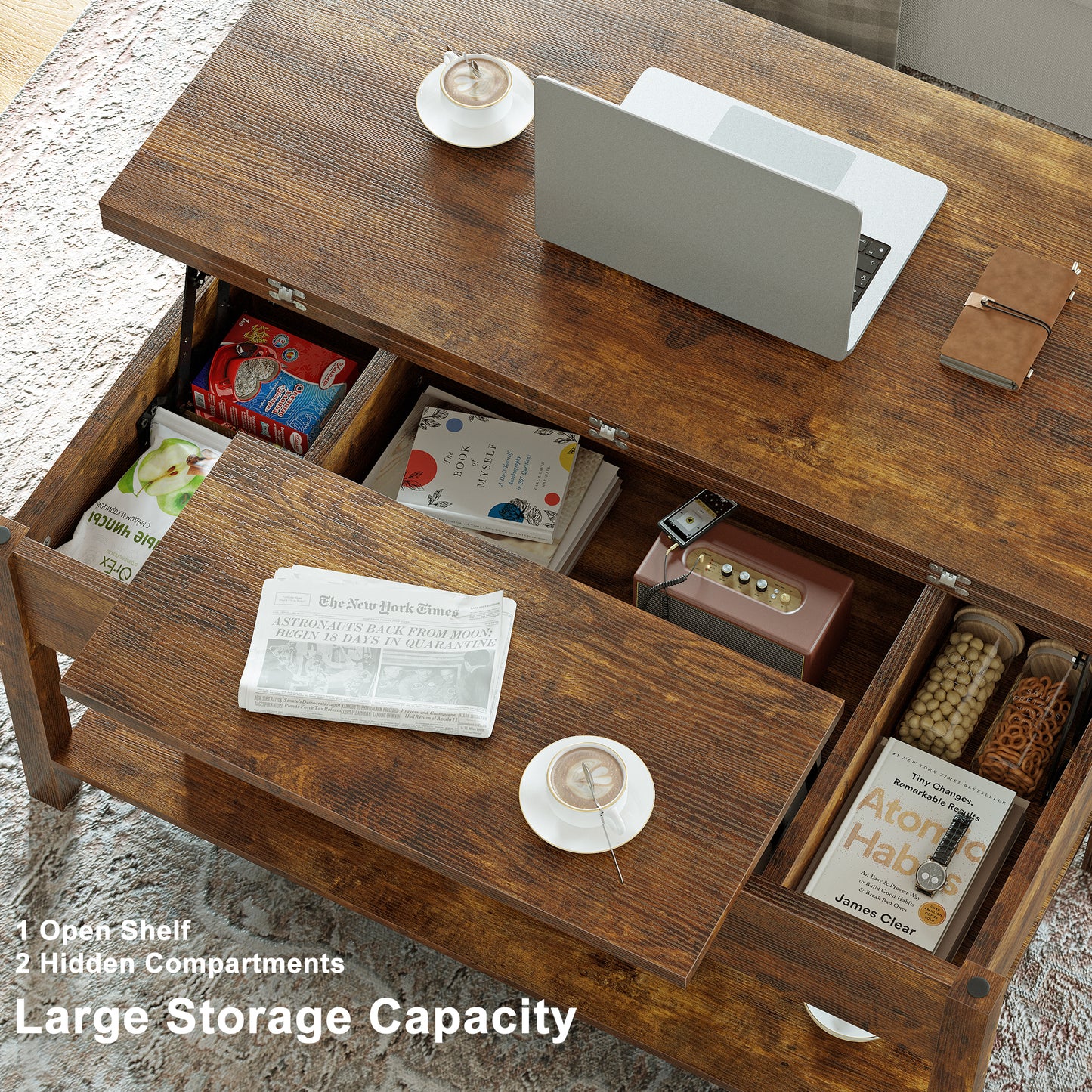 WOWLIVE Lift Top Coffee Table,  4-in-1 Multi-Function and Large Coffee Table with Storage