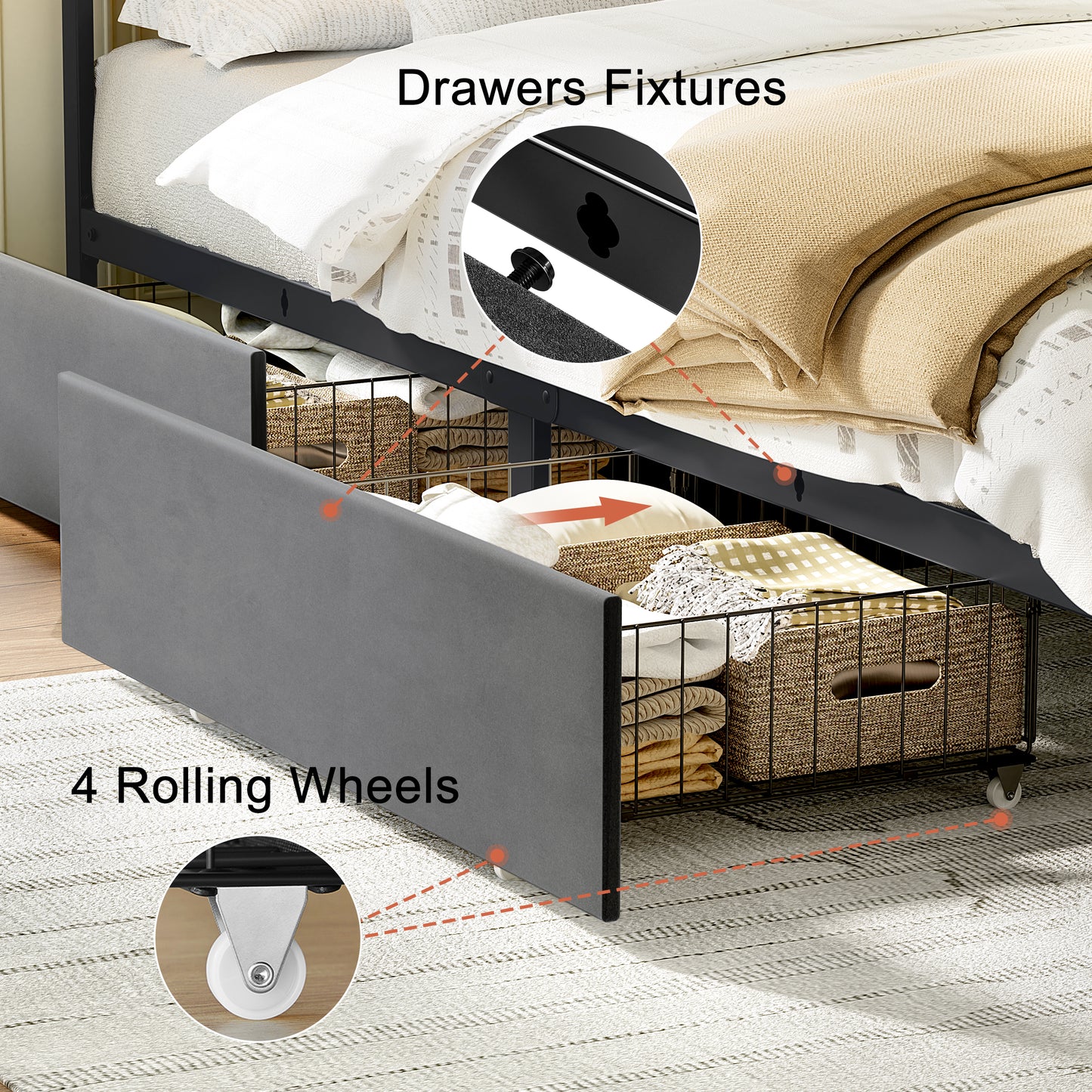 WOWLIVE Upholstered Bed with 2 Storage Drawers,  Modern Bed Frame with Charging Station & LED Light,  No Spring Box Needed