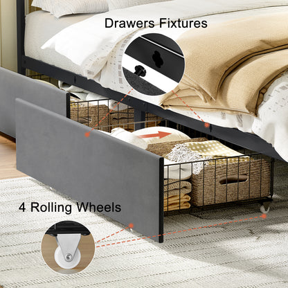 WOWLIVE Upholstered Bed with 2 Storage Drawers,  Modern Bed Frame with Charging Station & LED Light,  No Spring Box Needed