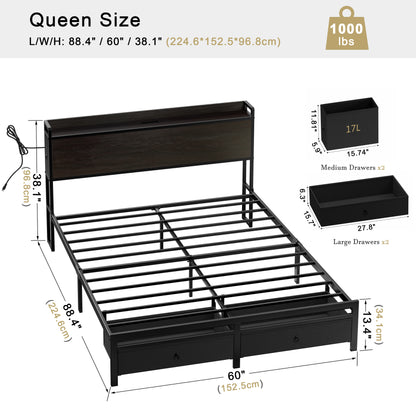 WOWLIVE Bed Frame with 2 Bedside Drawers & 2 Underbed Drawers,  Storage Bed with Outlet & Open Shelf