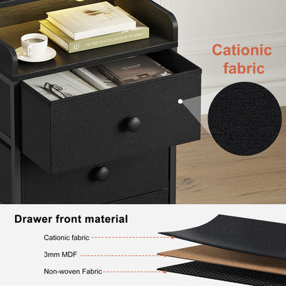 WOWLIVE Nightstand With 3 Drawers & 2-Tier Open Shelf, Bedside Table With LED& 2 USB Ports, Stable Metal Frame