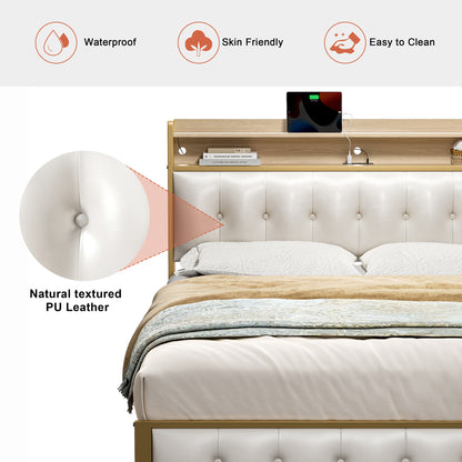 WOWLIVE Bed Frame with Storage Headboard,  Metal Platform Bed Frame,  Storage Bed with Charging Station and LED Light