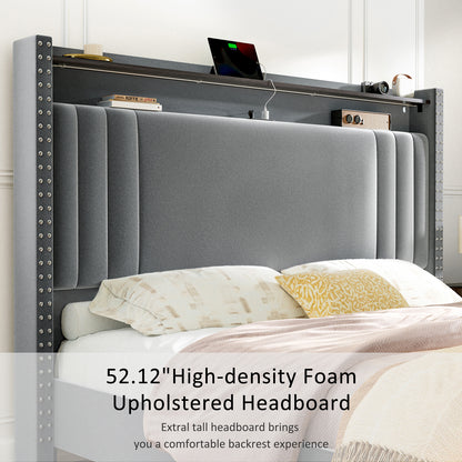 WOWLIVE Upholstered Wingback Bed with 52.12" High Storage Headboard,  Modern Upholstered Bed Frame with Outlet & LED Light