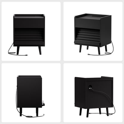 WOWLIVE Wooden Nightstand with 2 Drawers, Modern Bedside Table with Outlets & LED Lights, File Cabinet