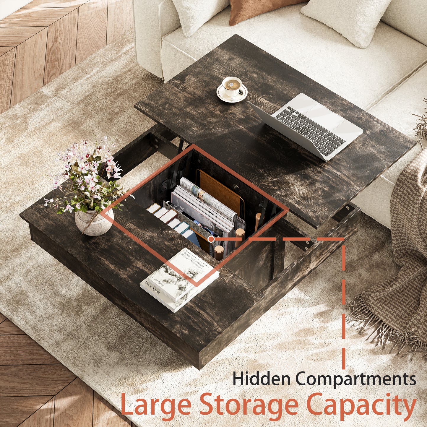 WOWLIVE Lift Top Coffee Table With Hidden Storage & LED light Strip