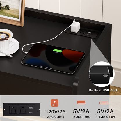 WOWLIVE Wooden Nightstand with 2 Drawers, Modern Bedside Table with Outlets & LED Lights, File Cabinet