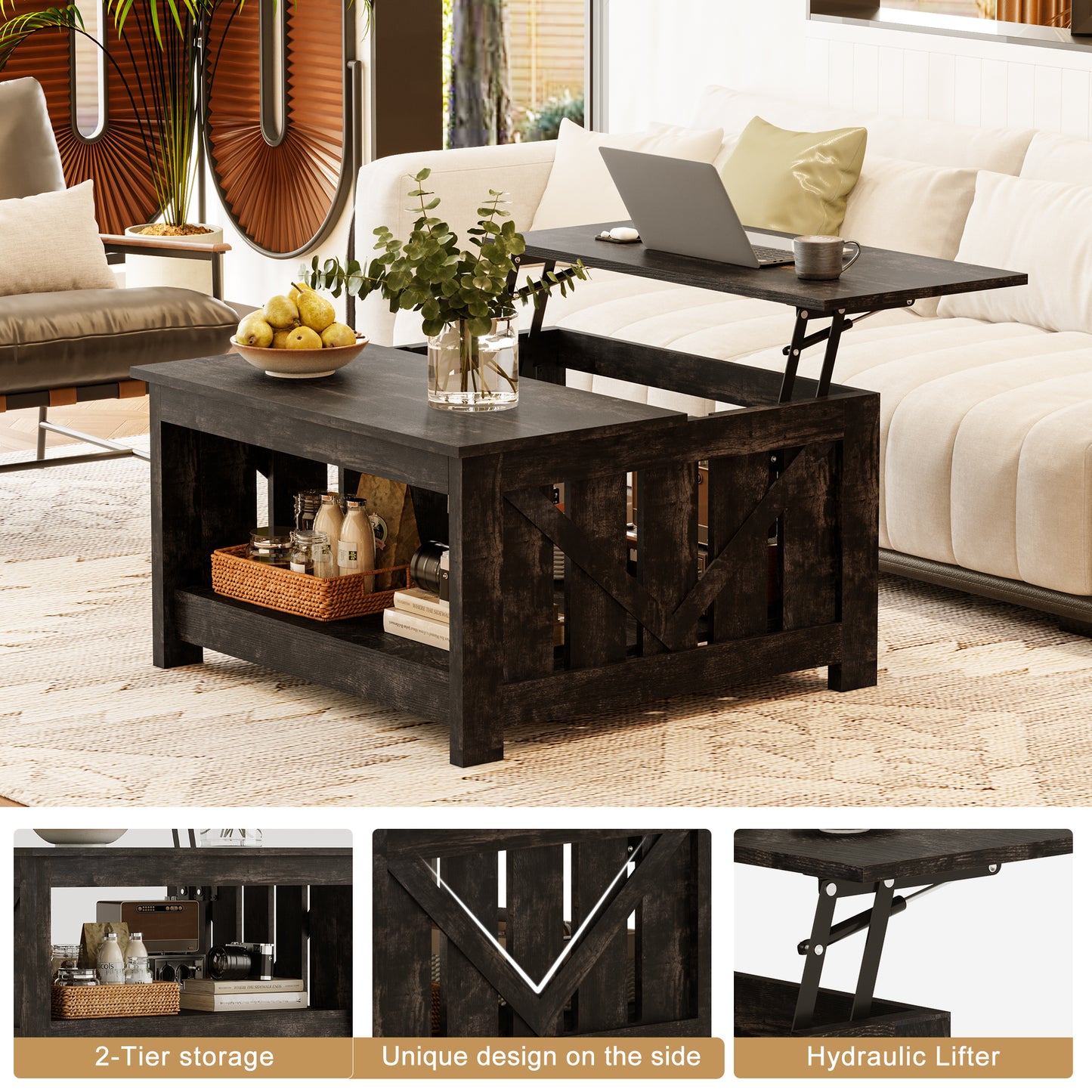 WOWLIVE Lift Top Farmhouse Coffee Table with Storage, Wood Cocktail Table