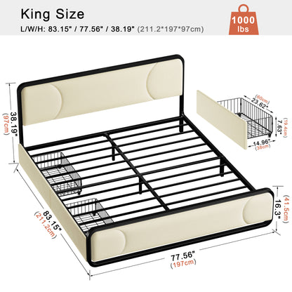 WOWLIVE Full/Queen/King Platform Bed with 2 Storage Drawers, Modern Bed Frame with Charging Station, No Spring Boxing Needed