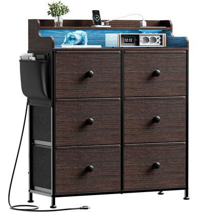 WOWLIVE Dresser for Bedroom with Charging Station and LED Lights, 6 Drawers Dresser TV Stand with Wooden Top, Tall Fabric Chest of Drawer with Sturdy Frame for Closet