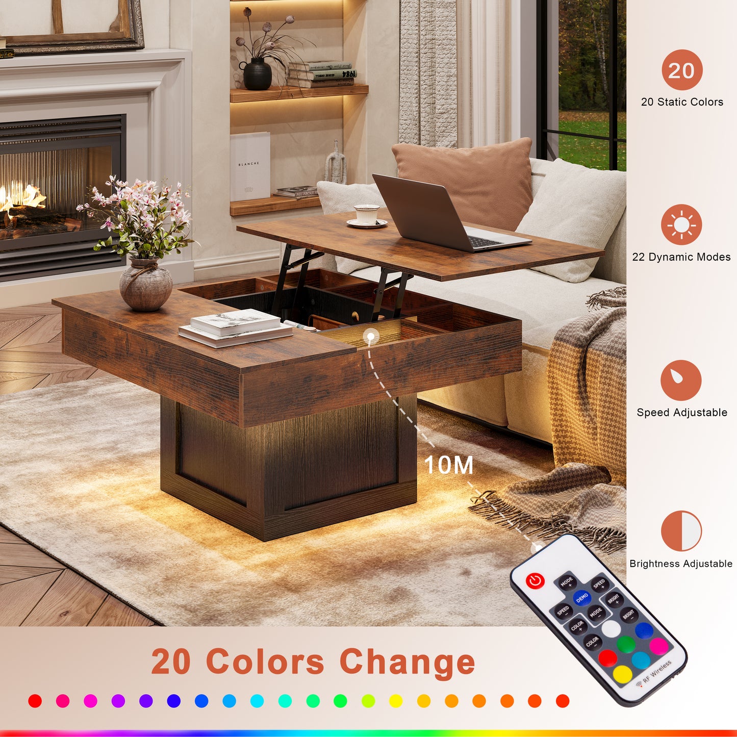 WOWLIVE Lift Top Coffee Table With Hidden Storage & LED light Strip