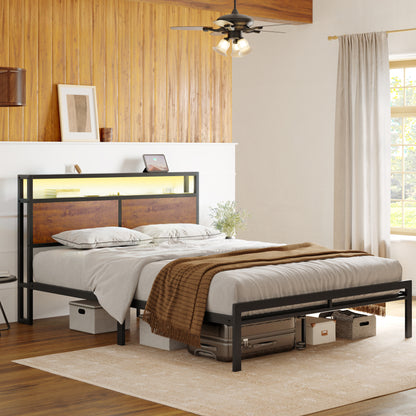 WOWLIVE Bed Frame with LED Light and Charging Station,  Metal Frame with Storage Headboard,  Large Storage Space,  No Spring Box Needed