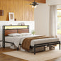 WOWLIVE Bed Frame with LED Light and Charging Station,  Metal Frame with Storage Headboard,  Large Storage Space,  No Spring Box Needed