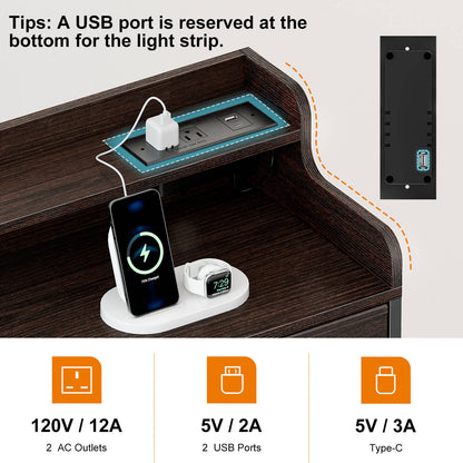 WOWLIVE Dresser for Bedroom with Charging Station and LED Lights, 6 Drawers Dresser TV Stand with Wooden Top, Tall Fabric Chest of Drawer with Sturdy Frame for Closet