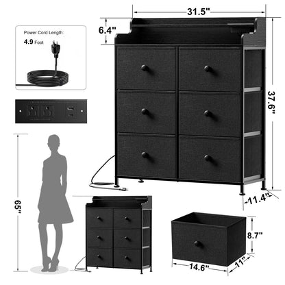 WOWLIVE Dresser for Bedroom with Charging Station and LED Lights, 6 Drawers Dresser TV Stand with Wooden Top, Tall Fabric Chest of Drawer with Sturdy Frame for Closet