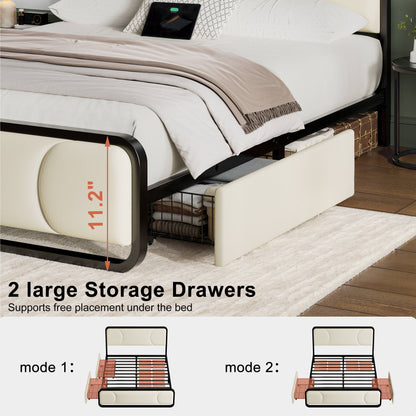 WOWLIVE Full/Queen/King Platform Bed with 2 Storage Drawers, Modern Bed Frame with Charging Station, No Spring Boxing Needed