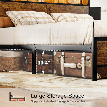 WOWLIVE Bed Frame With Bookcase Headboard & 6 Storage Bedside Drawers,  Storage Bed With Outlet & LED Light