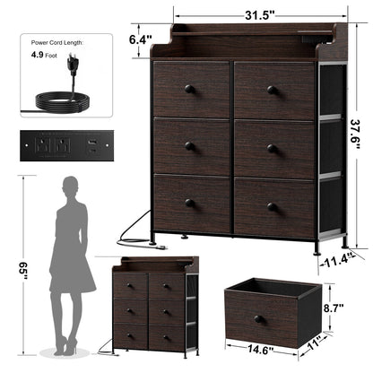 WOWLIVE Dresser for Bedroom with Charging Station and LED Lights, 6 Drawers Dresser TV Stand with Wooden Top, Tall Fabric Chest of Drawer with Sturdy Frame for Closet