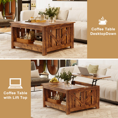 WOWLIVE Lift Top Farmhouse Coffee Table with Storage, Wood Cocktail Table