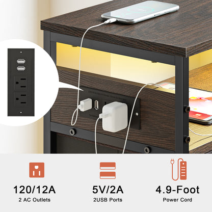 WOWLIVE Nightstand with 4 Drawers & Outlet, Bedside Table with LED Lights & 2-Tier wooden Shelf