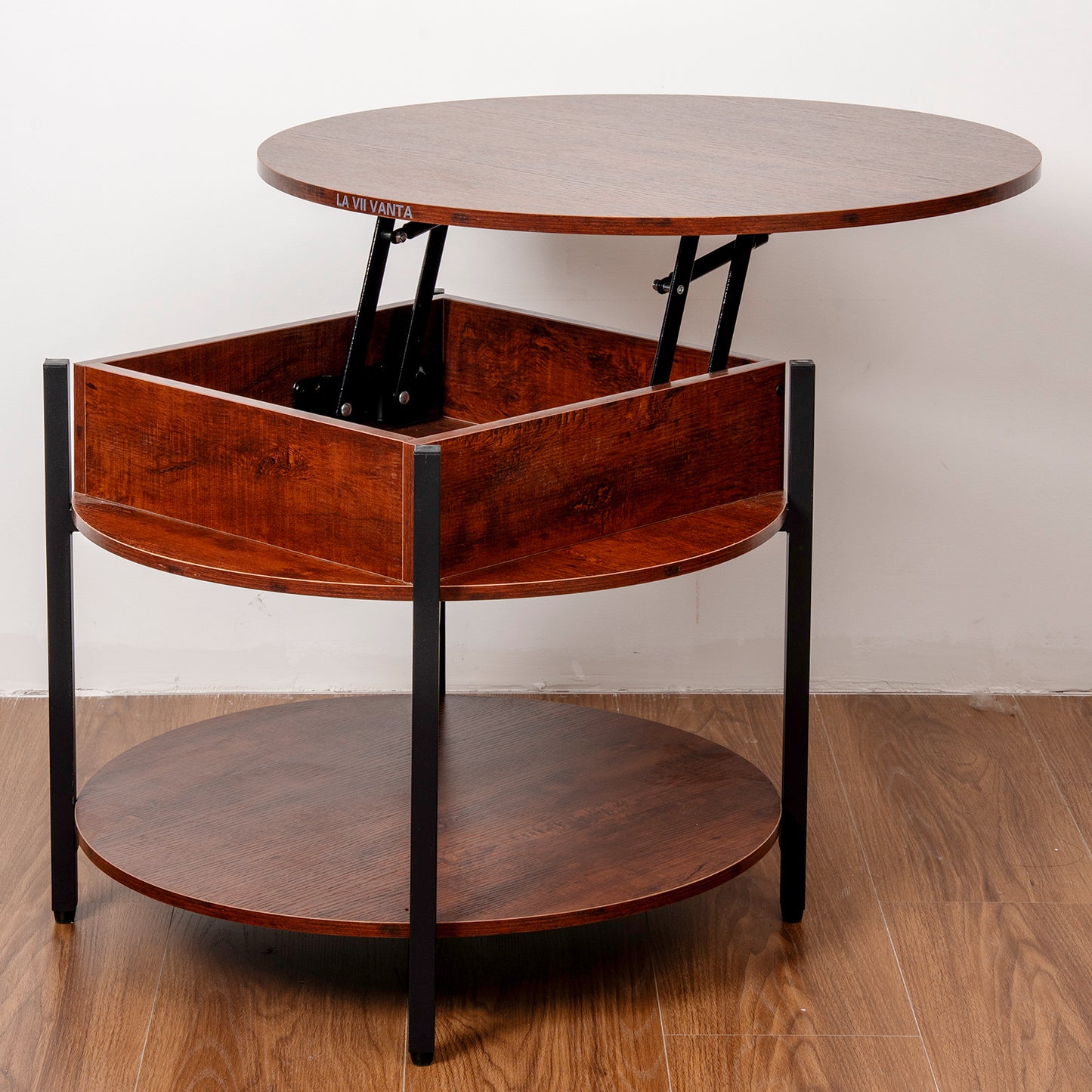 LA VII VANTA Lift-Top Wood Coffee Table,  Small Round Cocktail Table with Storage and Hidden Compartment for Living Room