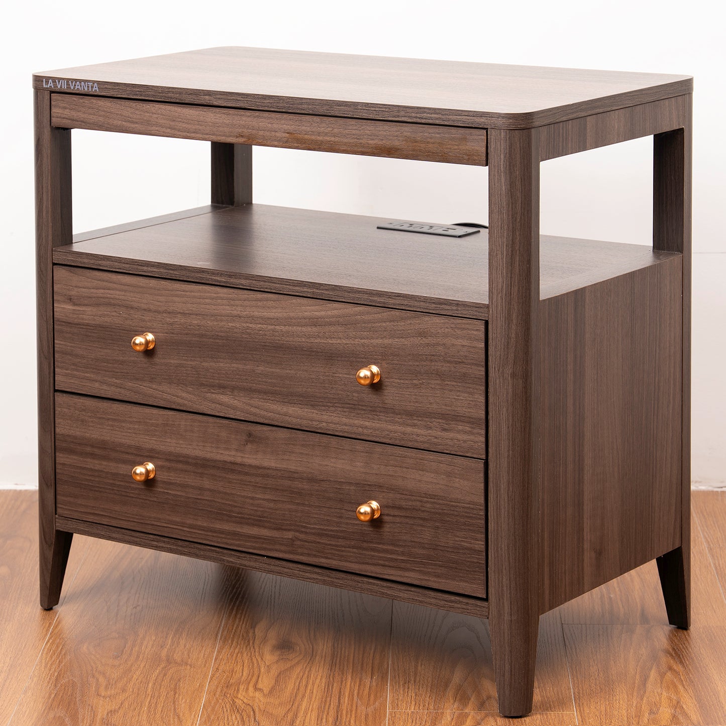 LA VII VANTA Modern Nightstand with 2 Drawers Wooden End Table with Charging Station