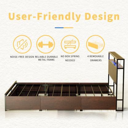 WOWLIVE Bed Frame with 4 Drawers,  Modern bed with LED Light and Charging Station,  Storage Headboard,  No Spring Box Needed
