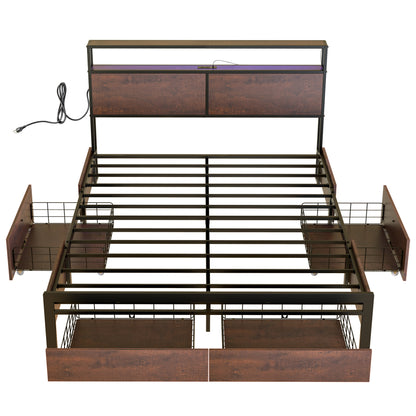 WOWLIVE Bed Frame with 4 Drawers,  Modern bed with LED Light and Charging Station,  Storage Headboard,  No Spring Box Needed
