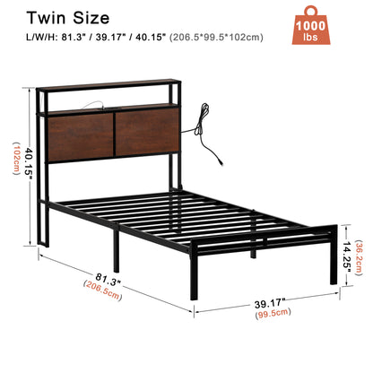 WOWLIVE Bed Frame with LED Light and Charging Station,  Metal Frame with Storage Headboard,  Large Storage Space,  No Spring Box Needed
