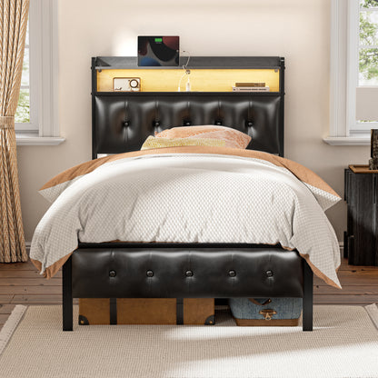 WOWLIVE Bed Frame with Storage Headboard,  Metal Platform Bed Frame,  Storage Bed with Charging Station and LED Light