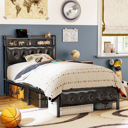 WOWLIVE Bed Frame with Storage Headboard,  Metal Platform Bed Frame,  Storage Bed with Charging Station and LED Light