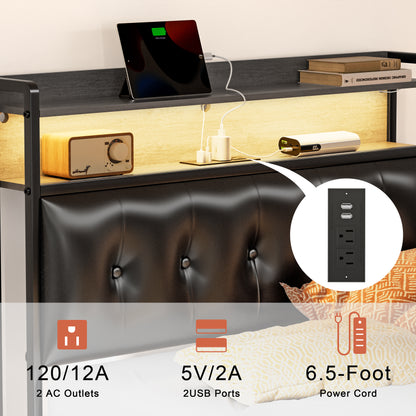 WOWLIVE Bed Frame with Storage Headboard,  Metal Platform Bed Frame,  Storage Bed with Charging Station and LED Light