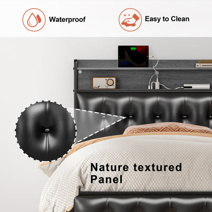 WOWLIVE Bed Frame with Storage Headboard,  Metal Platform Bed Frame,  Storage Bed with Charging Station and LED Light