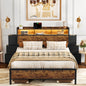 WOWLIVE Bed Frame With Bookcase Headboard & 6 Storage Bedside Drawers,  Storage Bed With Outlet & LED Light