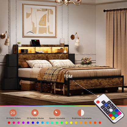 WOWLIVE Bed Frame With Bookcase Headboard & 6 Storage Bedside Drawers,  Storage Bed With Outlet & LED Light