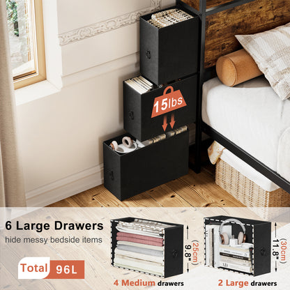 WOWLIVE Bed Frame With Bookcase Headboard & 6 Storage Bedside Drawers,  Storage Bed With Outlet & LED Light