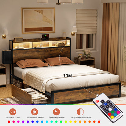 WOWLIVE Bed Frame with 2 Underbed Drawers & 2 Bedside Drawers,  Modern Bed with Charging Station & LED Light