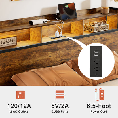 WOWLIVE Bed Frame with 2 Underbed Drawers & 2 Bedside Drawers,  Modern Bed with Charging Station & LED Light