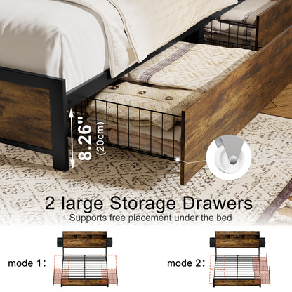 WOWLIVE Bed Frame with 2 Underbed Drawers & 2 Bedside Drawers,  Modern Bed with Charging Station & LED Light