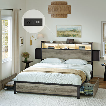 WOWLIVE Bed Frame with 2 Underbed Drawers & 2 Bedside Drawers,  Modern Bed with Charging Station & LED Light