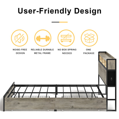 WOWLIVE Bed Frame with 2 Underbed Drawers & 2 Bedside Drawers,  Modern Bed with Charging Station & LED Light