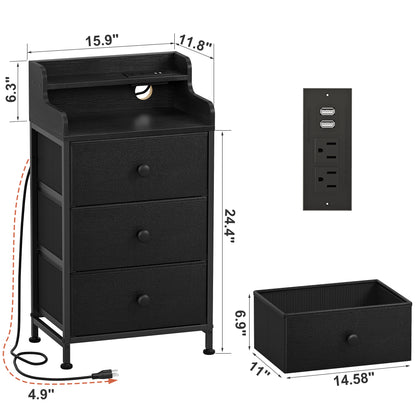 WOWLIVE Nightstand With 3 Drawers & 2-Tier Open Shelf, Bedside Table With LED& 2 USB Ports, Stable Metal Frame